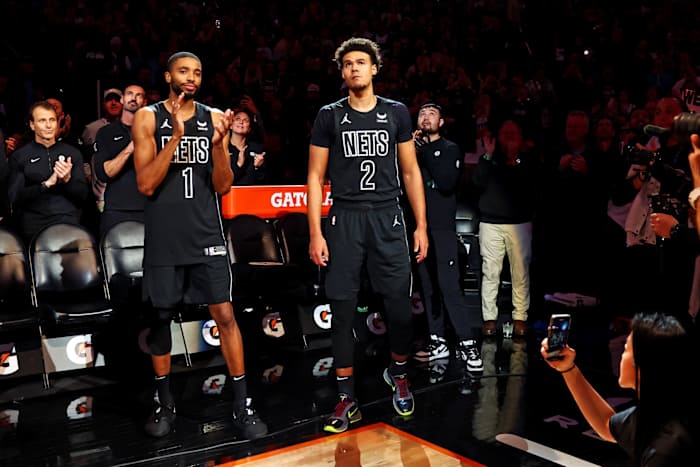 Brooklyn Nets forward Mikal Bridges (1) and forward Cameron Johnson (2)